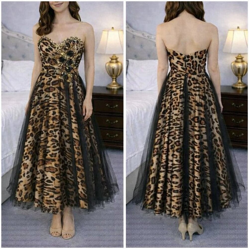Mori Lee Black Animal Print Strapless Formal Gown $659